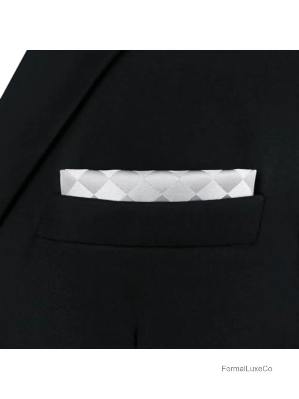 Men's Satin Pocket Square Light Grey Silver Off White Checkered Rhombic